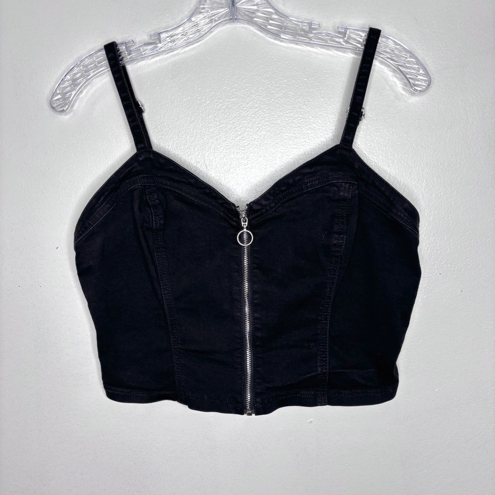 Guess Crop Top Bustier XL Black Cami Denim Zip Front Smocked Back Minimalist